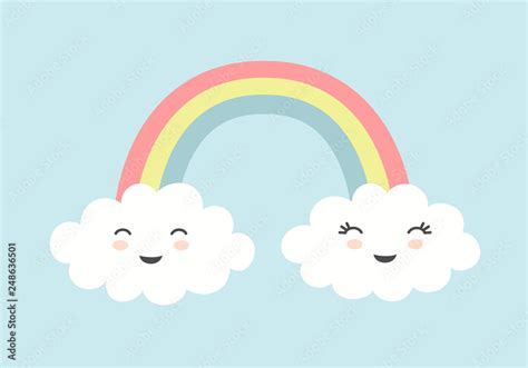 Cute Clouds With Smiling Faces And Rainbow On Blue Sky Background