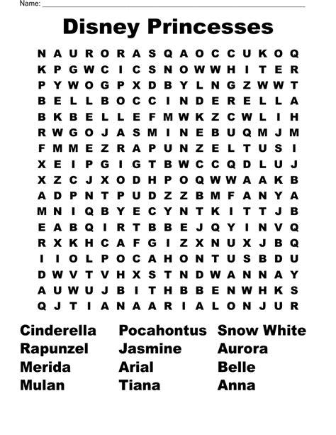 Disney Princesses Word Search Wordmint