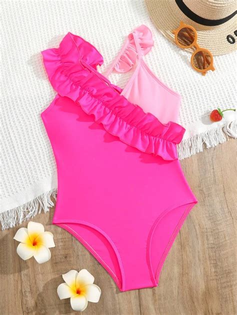 Tween Girl Colorblock Ruffle Trim One Piece Swimsuit Shein Usa