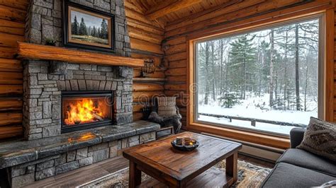 Rustic Cabin Living Room With Stone Fireplace Wooden Interior And