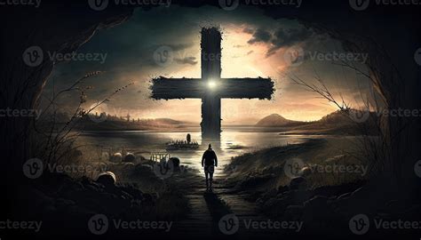 Religion landscape background, christian cross on nature backdrop ...