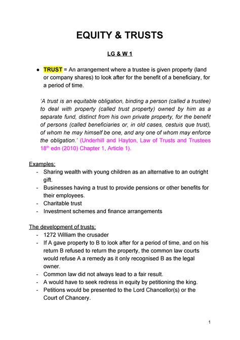 Equity And Trusts Lecture Notes Llb Equity Trusts Lg W