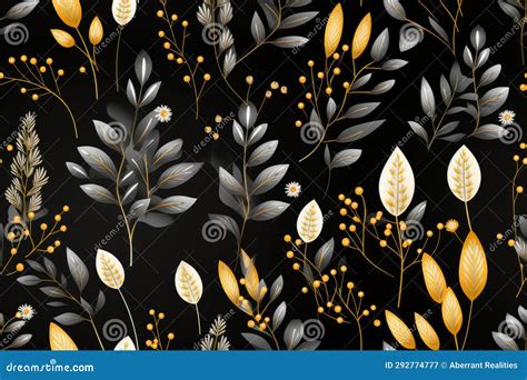 A Black and Gold Floral Pattern with Leaves and Berries Stock ...