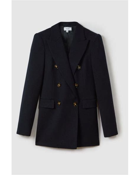 Reiss Lana Navy Tailored Textured Wool Blend Double Breasted Blazer