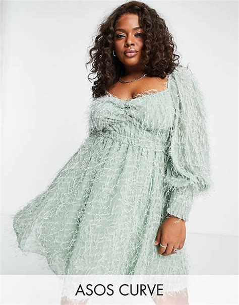 Asos Design Curve Fluffy Mini Dress With Ruched Bust And Shirred Cuffs