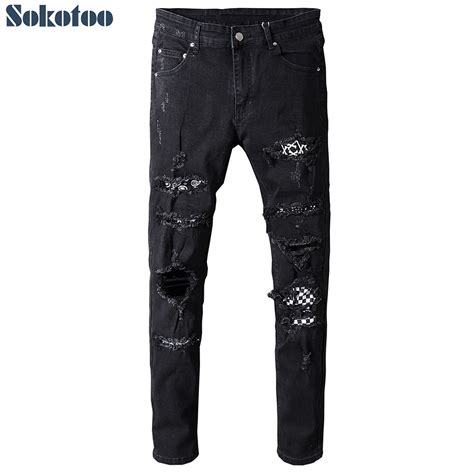 Sokotoo Men S Black White Patch Holes Ripped Jeans Plus Size Slim Fit