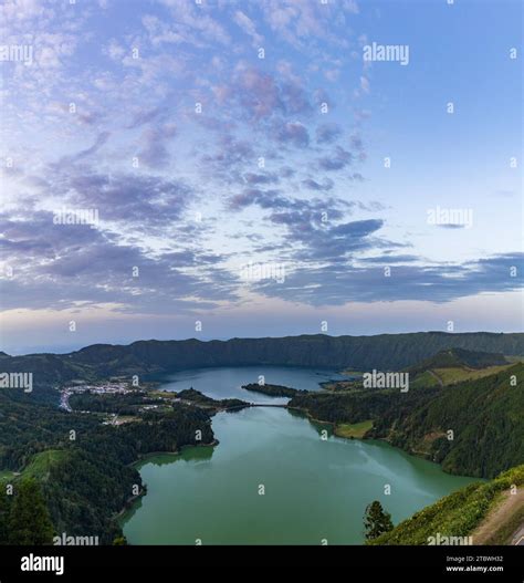 A panorama picture of the Seven Cities Lake (Lagoa das Sete Cidades) at ...