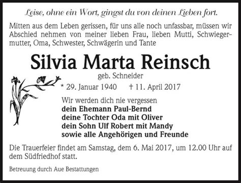 Traueranzeigen Von Silvia Marta Reinsch Geb Schneider Abschied