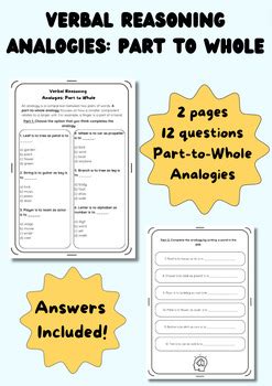 Verbal Reasoning Analogy Part To Whole Worksheet KS2 11 Upper Primary