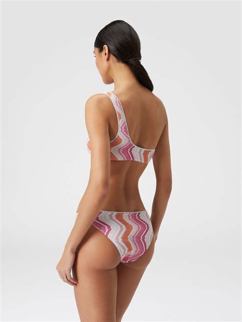 One Shoulder Viscose Blend Chevron Bikini With Lurex Pink Missoni