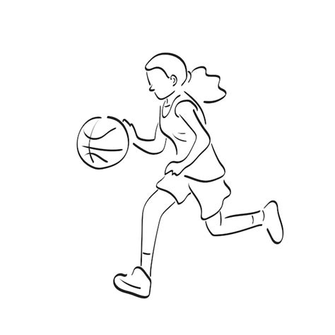 Linie kunst mädchen spielt basketball illustration vektor hand