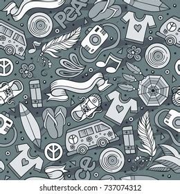 Cartoon Handdrawn Hippie Doodles Seamless Pattern Stock Vector Royalty