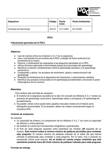 PEC 3 enunciado PEC 3 inicio Psicología del Aprendizaje 80 12 11