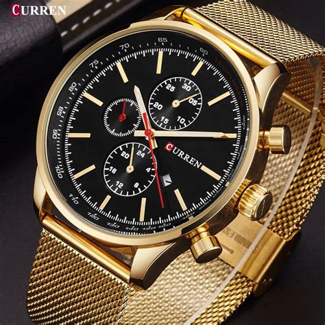 Relógio Masculino Dourado Curren Fundo Preto Pulseira de Aço Dourada