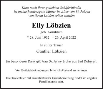 Traueranzeigen Von Elly L Bzien Trauer Nordkurier