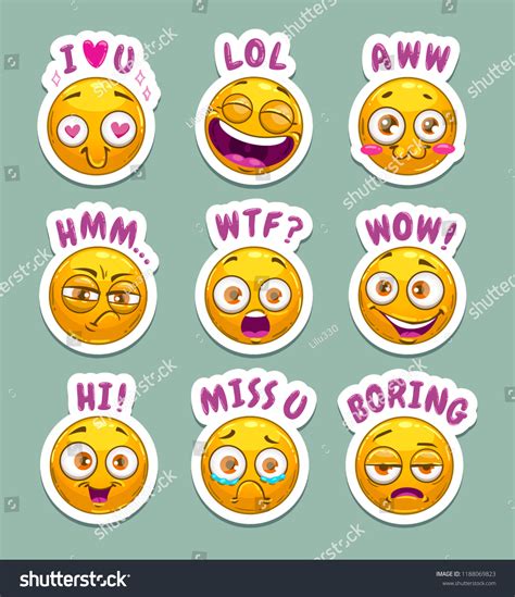 Funny Cartoon Stickers Yellow Emoji Face Stock Vector (Royalty Free ...