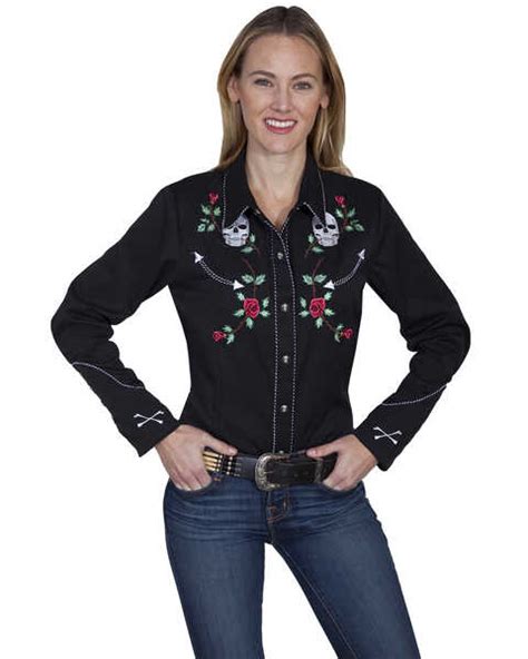 Scully Women S Skulls And Roses Embroidered Long Sleeve Western Snap Shirt Black