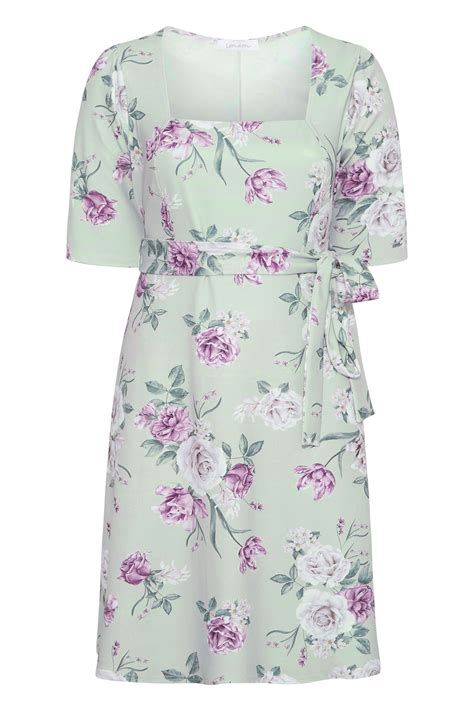 Yours London Plus Size Curve Sage Green Floral Square Neck Dress