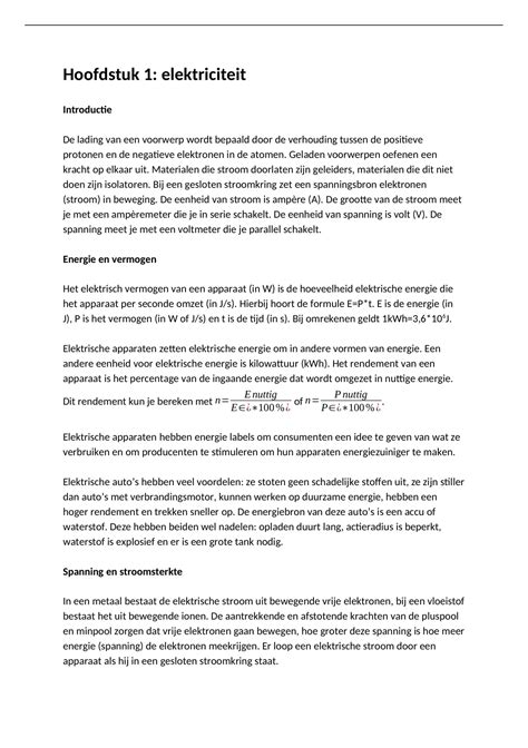 Samenvatting Natuurkunde Hoofdstuk 1 Elektriciteit Natuurkunde