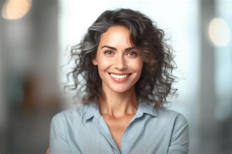 Premium Ai Image A Woman With Curly Hair And A Blue Shirt Smiles For