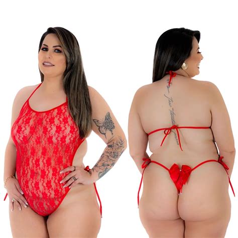 Body Plus Size Lacinho No Bumbum Na Cor Vermelha Mini Body Renda