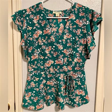 Monteau Tops Green Floral Wrap Top With Cute Ruffle Sleeves And Bow