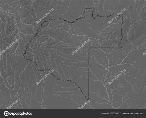 Moxico Province Angola Grayscale Elevation Map Lakes Rivers Stock Photo