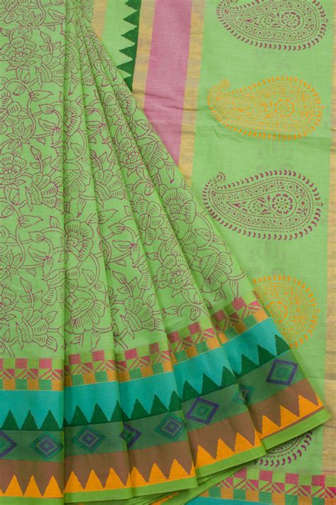 Green Hand Block Printed Cotton Saree