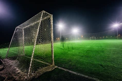 Illuminated Football Playground With Green Grass Stock Image Image Of