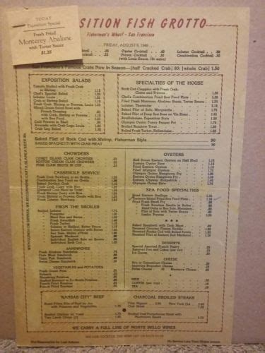 Vintage Exposition Fish Grotto Fisherman S Wharf Menu San Francisco