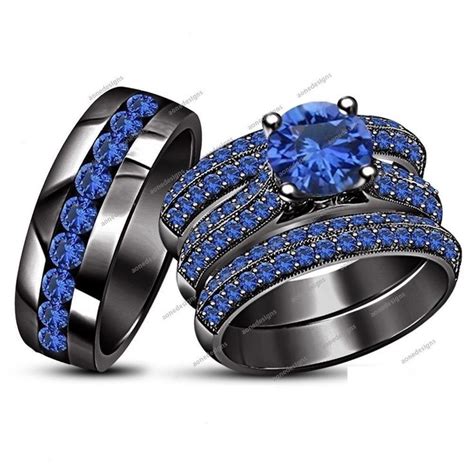 3 50CT Blue Sapphire 925 Silver 14k Black Gold Fn His Her Trio Wedding