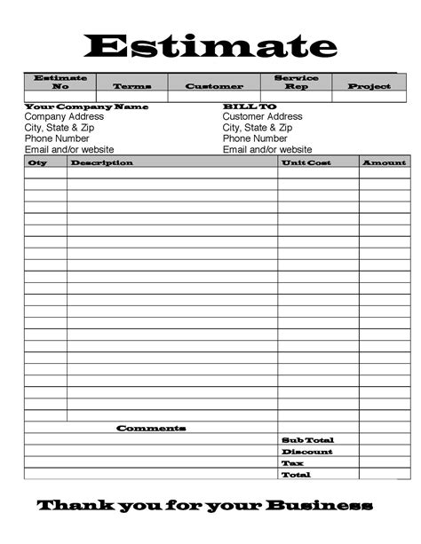 Estimate Invoice Template Printable Invoice Business Form Editable