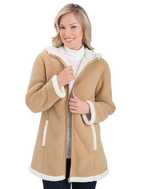 Collections Etc Womens Polar Fleece Sherpa Lined Zip Up Coat Beige Large