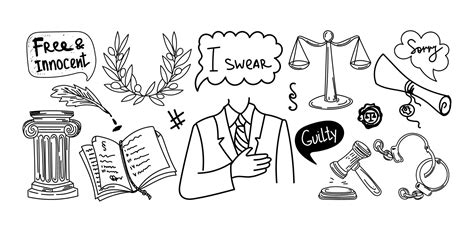 Set With Symbols Of Law And Justice Hand Drawn In Sketch Doodle Style Justice Court Oath