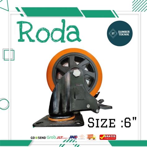 Jual Roda Caster PU Orange PVC Hidup Rem 6 Inch Roda Kastor Trolley