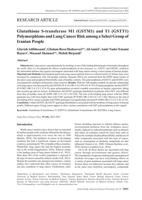 Pdf Glutathione S Transferase M1 Gstm1 And T1 Gstt1 Polymorphisms And Lung Cancer Risk