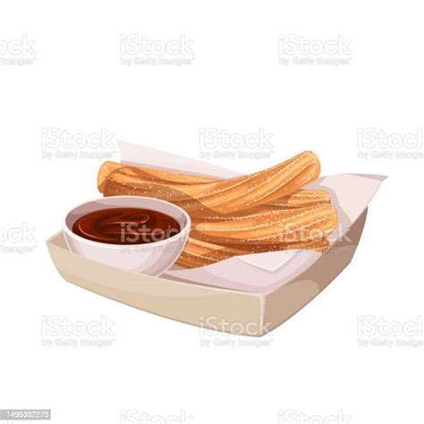 Churros Pile In Paper Box With Bowl Of Chocolate Sauce Stock