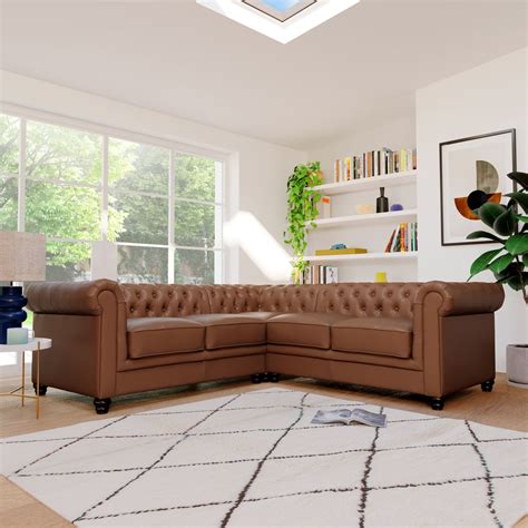 Hampton Chesterfield Corner Sofa, Tan Classic Faux Leather Only £799.99 | Furniture And Choice