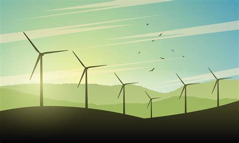 Beautiful Landscape Illustration With Wind Turbines At Sunset Green Power Of Future Energy