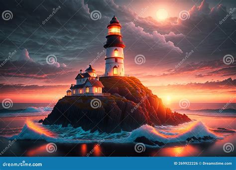 Beautiful Lighthouse Adorned Nighttime Seascape With A Gloomy Sky At