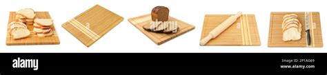 Breadboard For Cutting Bread Rolling Pin And Sliced Bread Isolated On