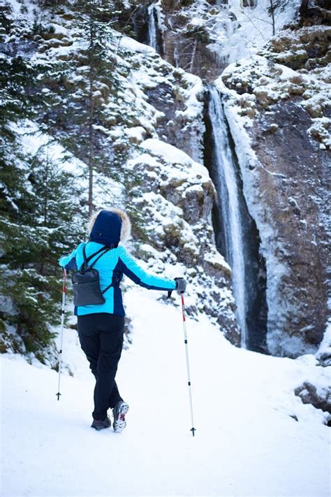 Hiking Woman on Mountain Waterfall Background Stock Photo - Image of background, mountains ...