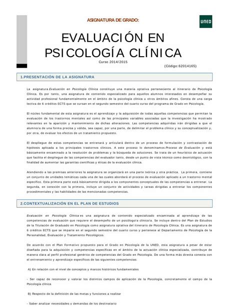 Pdf Asignatura De Grado Evaluaci N En Psicolog A Evaluaci N De