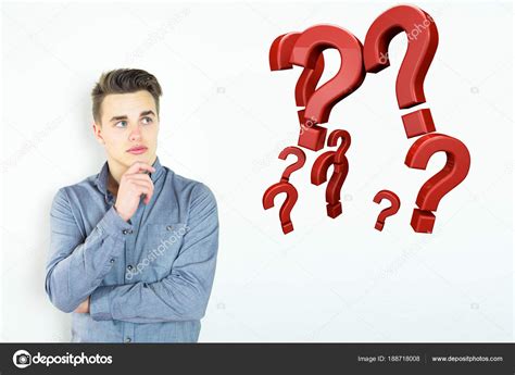 Young Man Thinking Question Marks Floating — Stock Photo