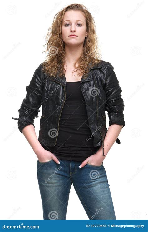 Confident Woman In Jeans And Leather Jacket Stock Image Image Of