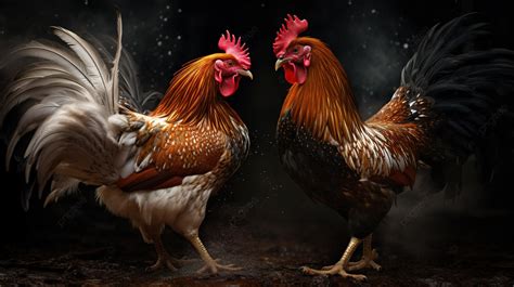 Two Roosters Standing In Front Of Mech Background Roosters Fighting