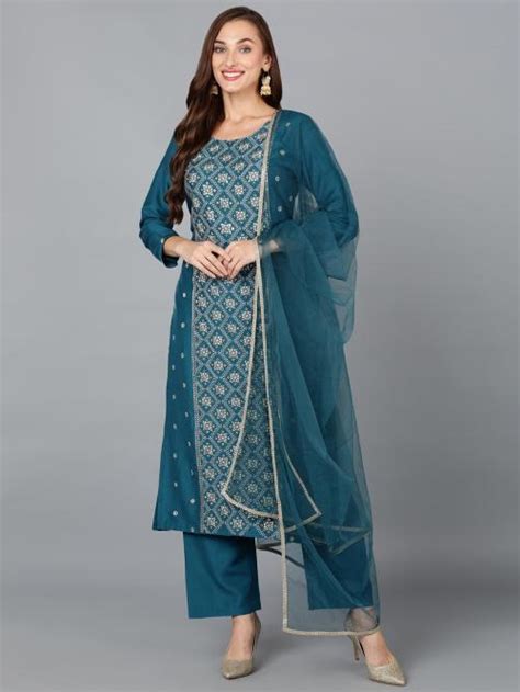 Buy Vaamsi Women S Silk Blend Ocean Blue Festive Wear Suit Set