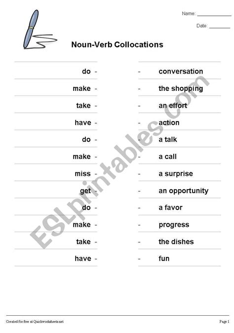 Noun Verb Collocations Matching Exercise