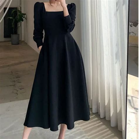 Vintage Black Long Sleeve Midi Dress Women French Square Collar Elegant