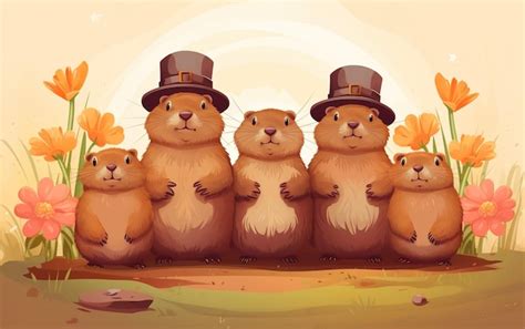 Premium Photo Happy Groundhog Day Card With Four Cute Groundhogs